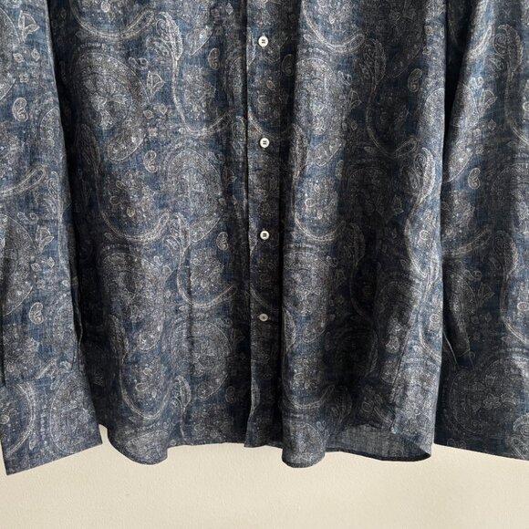 $1200 Brunello Cucinelli Blue Grey Linen Paisley Motif Button-up Shirt - XL - Picture 6 of 12